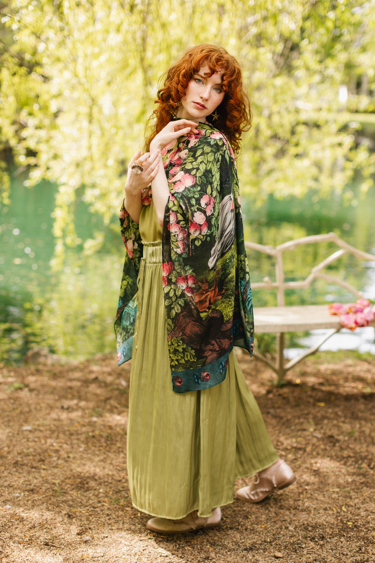 Model wearing a bamboo-viscose scarf ft. hand-coloured etching from the 1880s called The Bower of Roses - Market of Stars