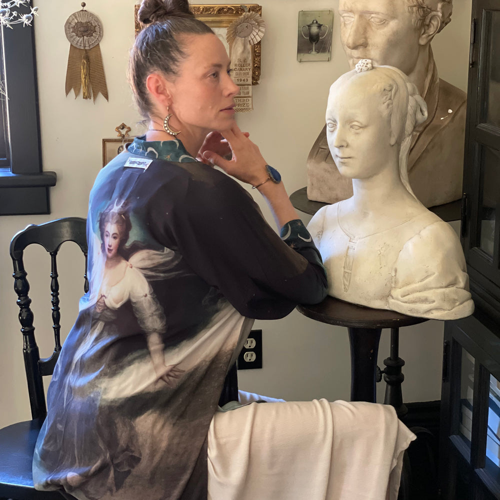 
                  
                    The Dreamer kimono jacket featuring a celestial Moon Goddess portrait with swirling sky detail and starry trim – Market of Stars
                  
                