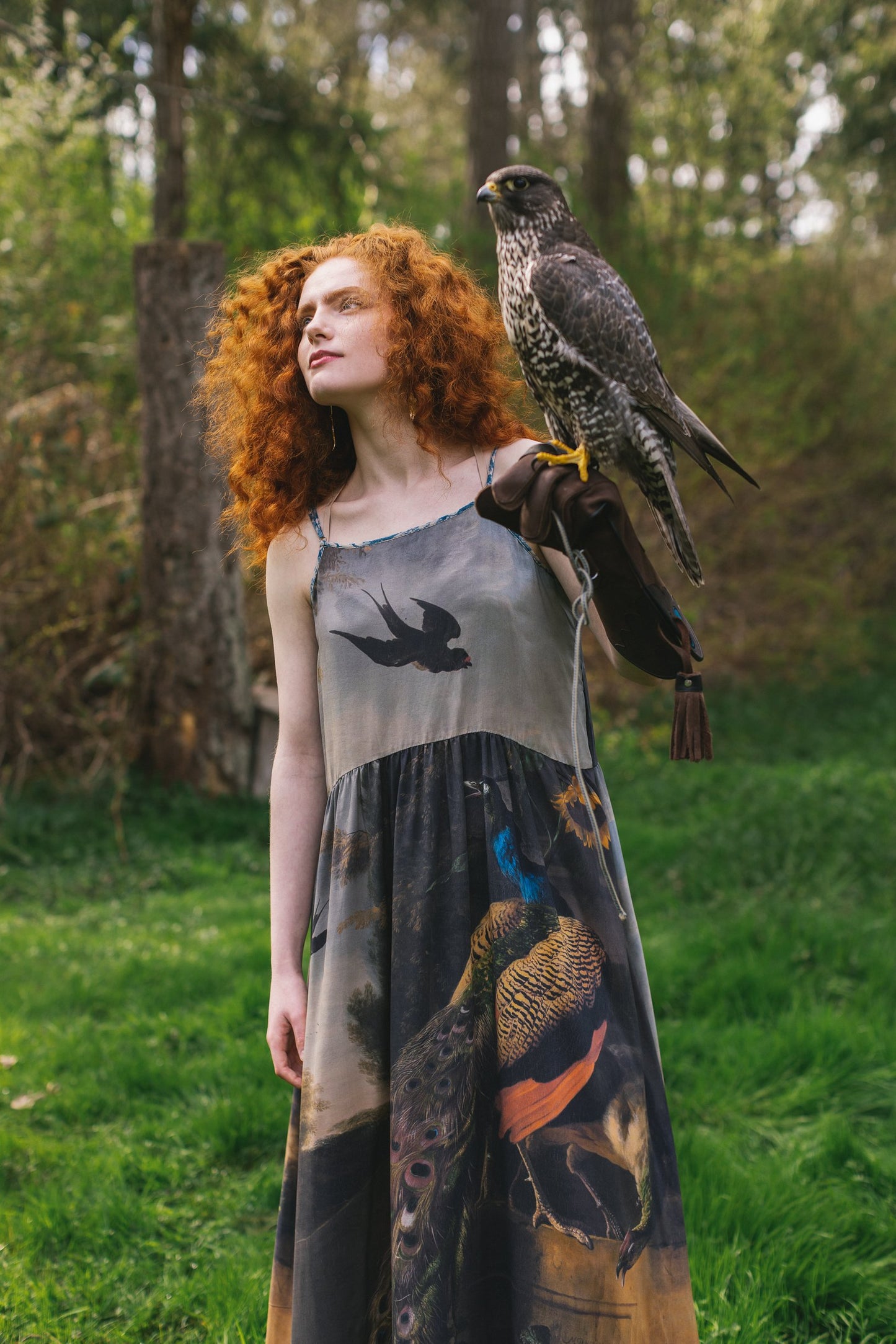 Model wearing Wild Beauty Bohéme Slip Dress featuring peacock birds and antique florals – Market of Stars