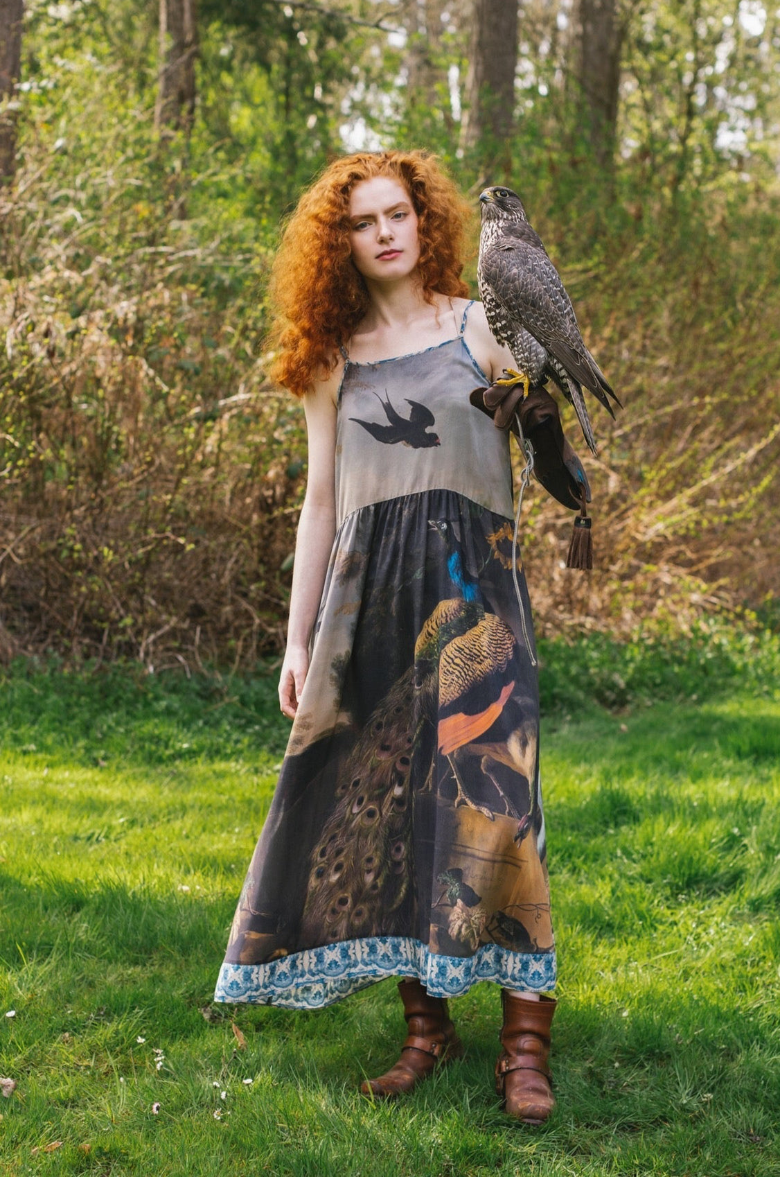 Model wearing Wild Beauty Bohéme Slip Dress featuring peacock birds and antique florals – Market of Stars