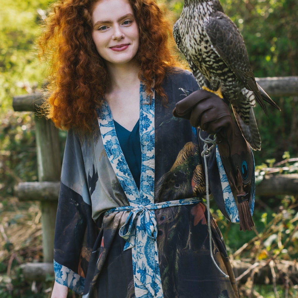 
                  
                    Model wearing Wild Beauty Opera Duster with antique lush florals and peacock – Market of Stars
                  
                