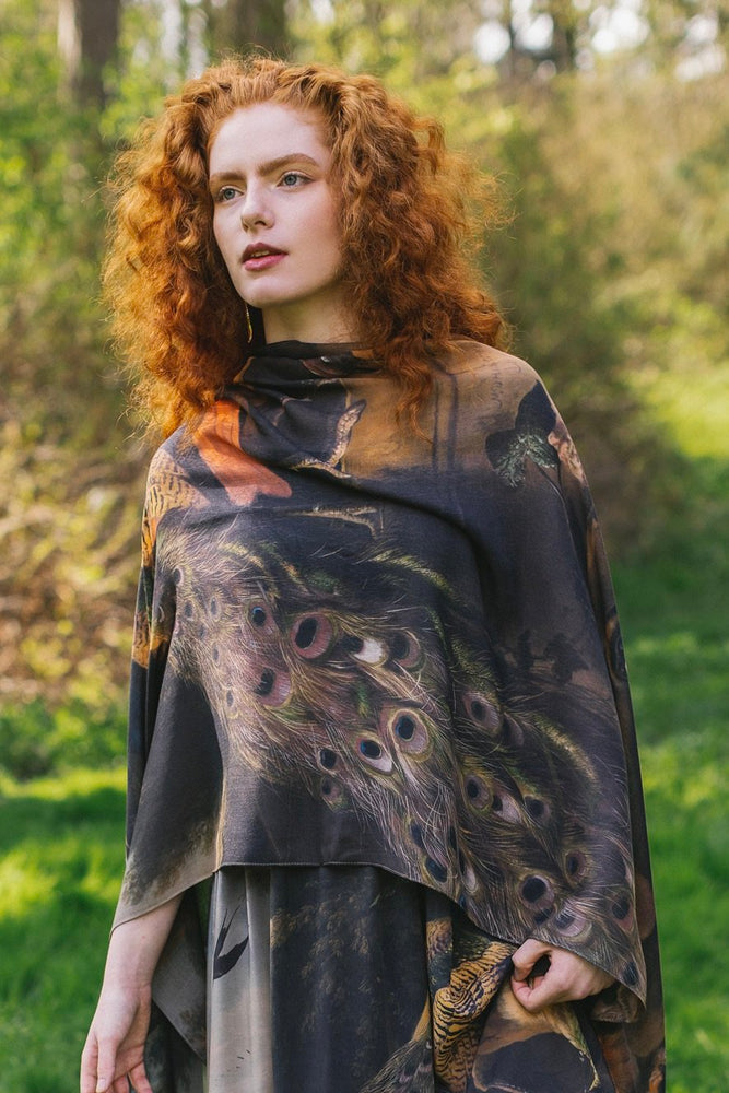 Wild Beauty Scarf with lush antique painterly florals birds and peacock – Market of Stars
