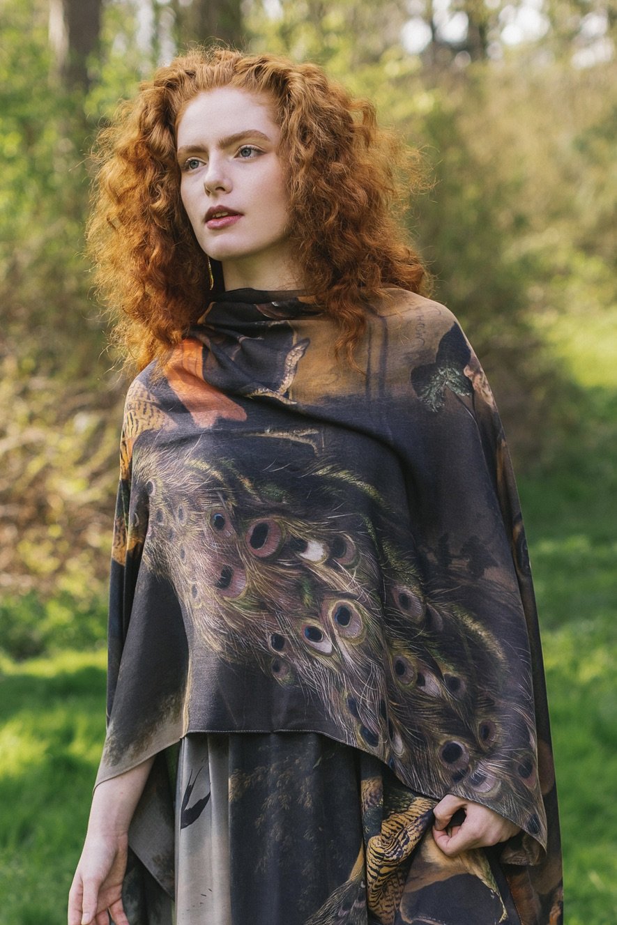 Wild Beauty Scarf with lush antique painterly florals birds and peacock – Market of Stars