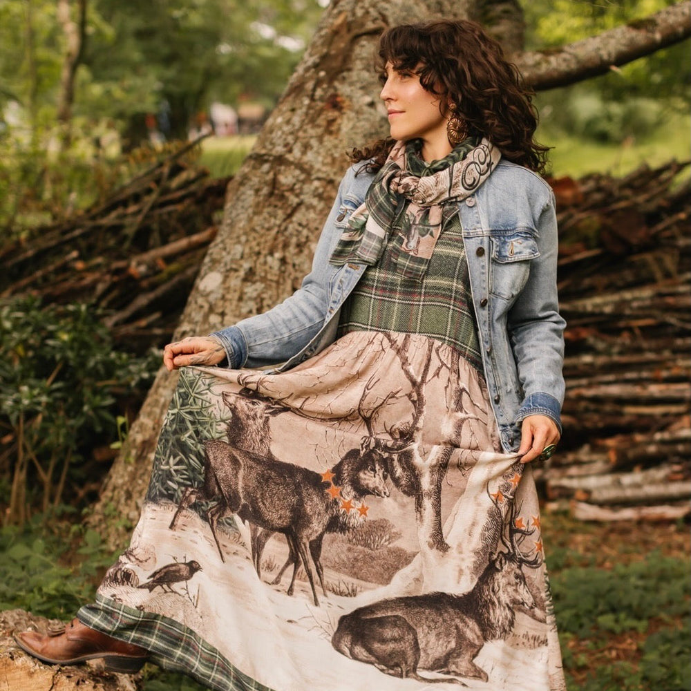 Model wearing Winter Wish Bohéme Slip Dress with plaid and vintage winter charm – Market of Stars
