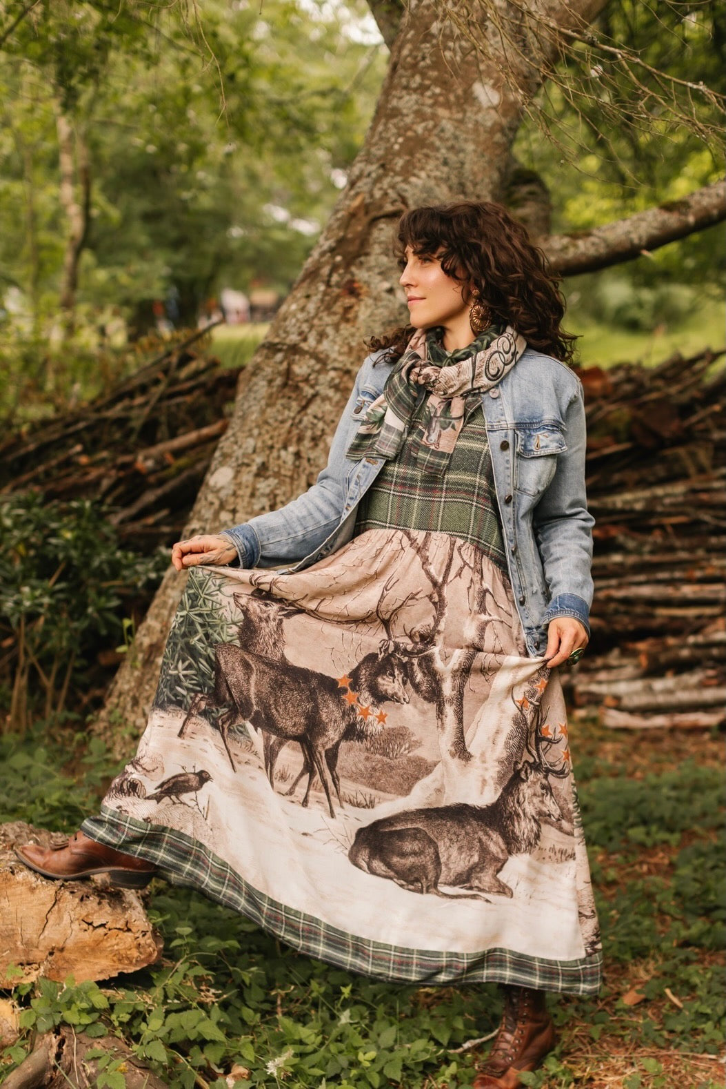 Model wearing Winter Wish Bohéme Slip Dress with plaid and vintage winter charm – Market of Stars